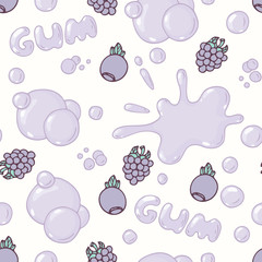 Seamless pattern with hand drawn blackberries and blueberries bubble gum. Forest berries flavor