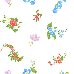 Seamless pattern with vintage embroidered flowers in vintage style on white background.
Stock line vector illustration.