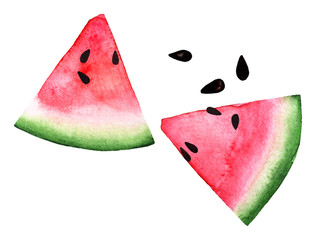 Sliced of red pink eco watercolor watermelon and seed isolated on white background. Exotic menu fruit card isolated