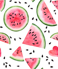 red pink watermelon slice and seed seamless watercolor background for web, paper, texture,textile, design, logo,label, tag, sale, clothes and brand package. isolated on white hand draw illustration
