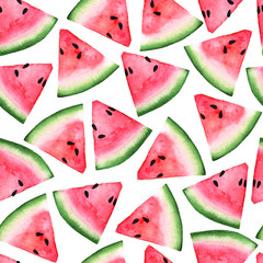 red pink watermelon slice and seed seamless watercolor background for web, paper, texture,textile,...