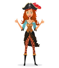 Smiling pirate woman showing thumbs up isolated on a white background vector illustration