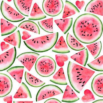red pink watermelon slice and seed seamless watercolor background for web, paper, texture,textile, design, logo,label, tag, sale, clothes and brand package. isolated on white hand draw illustration