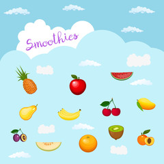 Heavenly smoothie logo. With ingredients, light hearts. Flat cute style.