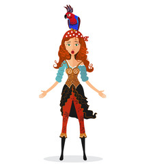Funny surprised red-haired pirate girl with a parrot isolated on white background vector illustration