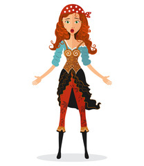 Funny surprised young pirate girl isolated on white background vector illustration