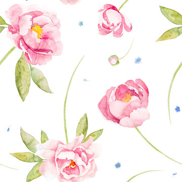 Seamless flowers pink peony rose and wildflower forget me not on a white background.watercolor cartoon children hand draw illustration for textile, paper, tag, logo, brand, web design, banner, label