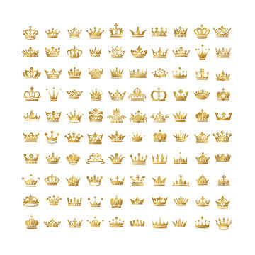Vector collection of creative king and queen crowns silhouette or logo elements.