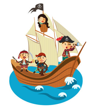 Happy pirates sailing in their pirate ship vector Isolated on a white background.