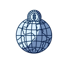 blue color silhouette shading of money box in globe earth world shape with coin with dollar symbol vector illustration