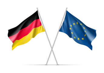 Germany and European Union waving flags on flagpole. EU sign with twelve gold stars on blue and Germany national symbol black, red and yellow colors. Two flags isolated on white background
