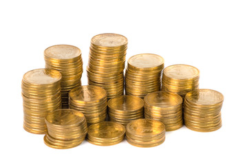 Columns of gold coins, piles of coins on white background