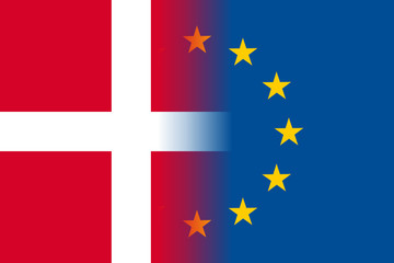 Denmark national flag with a flag of European Union twelve gold stars, solidarity and harmony with EU, member since 1 January 1973. Vector flat style illustration