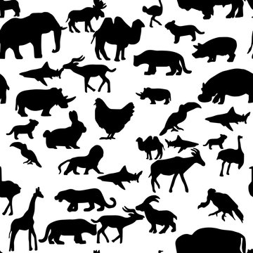 seamless pattern farm wildlife animals silhouette - vector illustration hand drawn with black lines, isolated on white background