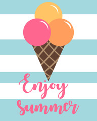 Colorful ice cream with waffle and scoops