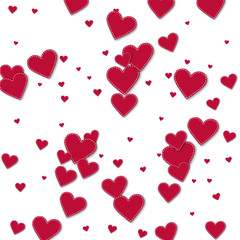 Red stitched paper hearts. Scatter horizontal lines with red stitched paper hearts on white background. Vector illustration.