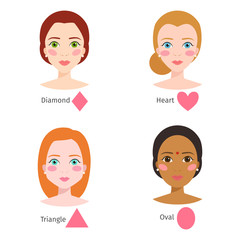 Set of different woman face types vector illustration character shapes girl makeup beautiful female