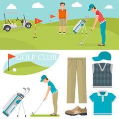 Fototapeta premium Vector set of stylized golf icons hobby equipment collection cart golfer player sport symbols