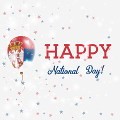 Serbia National Day patriotic poster. Flying Rubber Balloon in Colors of the Serbian Flag. Serbia National Day background with Balloon, Confetti, Stars, Bokeh and Sparkles.