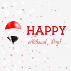 Yemen National Day patriotic poster. Flying Rubber Balloon in Colors of the Yemeni Flag. Yemen National Day background with Balloon, Confetti, Stars, Bokeh and Sparkles.