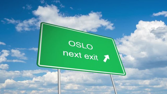 Animated road sign (Oslo), with a time lapsed sky as backdrop. 