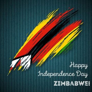 Zimbabwe Independence Day Patriotic Design. Expressive Brush Stroke in National Flag Colors on dark striped background. Happy Independence Day Zimbabwe Vector Greeting Card.