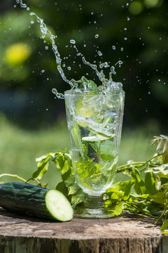 Glass with mineral water with cucumber and mint