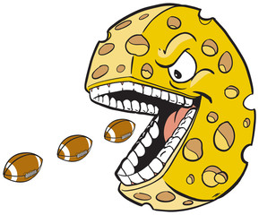 cheese wheel with face and mouth eating footballs