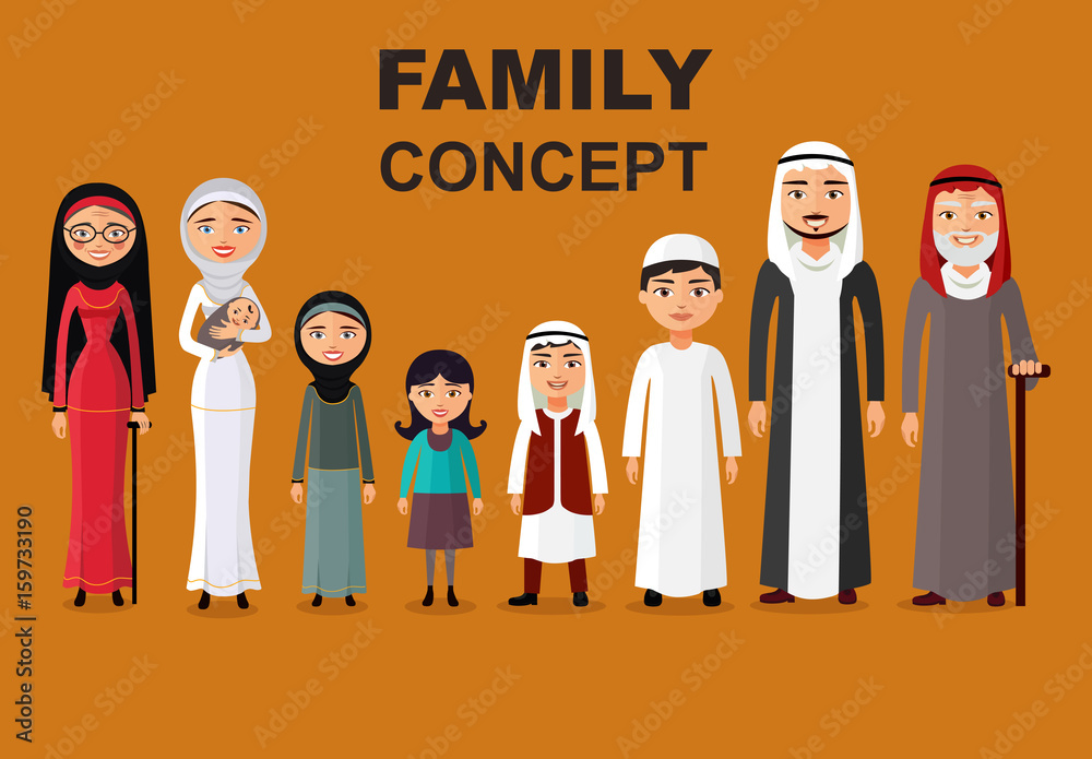 Wall mural vector arab family, muslim people, saudi cartoon man and woman. arab people father, mother, son, dau