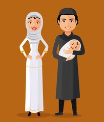 Arab young parents with a newborn baby happy flat cartoon vector illustration. . Isolated on a white background.