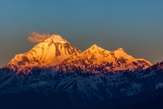 Stunning mountains sunrise landscape in the Himalayas, Nepal. Sunrise over mountain Dhaulagiri (8167 m). View from Upper Mustang, Nepal.