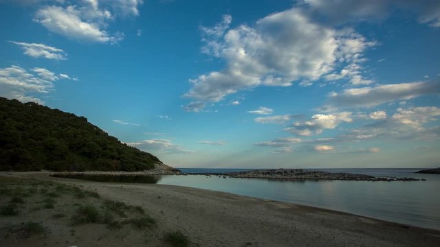 timelapse of a wooden shack on beautiful limoni beach in mljet island, croatia with stunning crystal clear water of the adriatic sea.