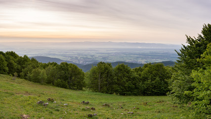 Fototapeta na wymiar French countryside - Vosges. Sunrise in the Vosges with a view of the Rhine valley and the Black Forest (Germany) in the background.
