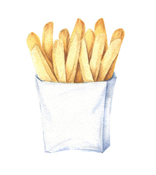 Hand Drawn Watercolor French Fry In Paper Wrapping, Delicious Fast Food Illustration, Isolated On White Background.