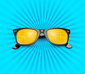 3D sunglasses on sunburst wallpaper, summer sales poster