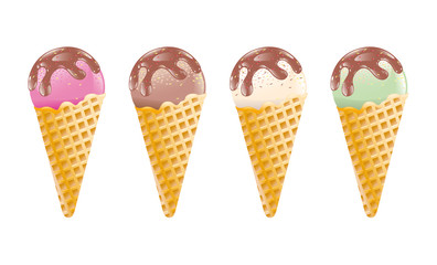 Set of ice cream in a waffle cone with a taste of fruits, berries, nuts. Dessert of different colors, raspberry, chocolate, vanilla, pistachio with sauce and crumbs for menu design and posters, vector