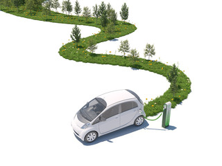 Concept for electric car creating nature on its path white background 3d rendering