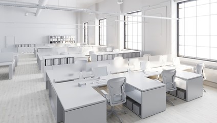 White modern office space  with desks and chairs
