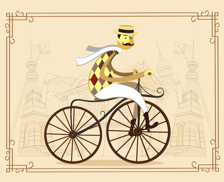 Englishman aristocrat on retro vintage old bike on old city background vector illustration