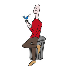 cool guy lean against garbage can, listen to blue bird sitting on mobile phone, social media concept
