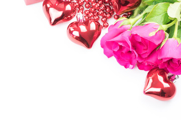  valentine`s day with roses and gift on white