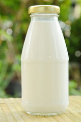 bottle of milk on bamboo mat in garden