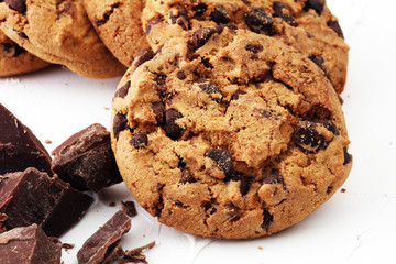 Chocolate cookies on white background. Chocolate chip cookies shot
