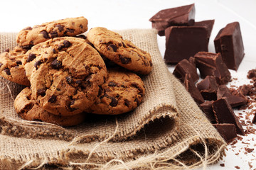 Chocolate cookies on white background. Chocolate chip cookies shot