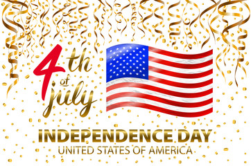 Gold glitter Independence day USA greeting card, flyer. July fourth poster. Patriotic banner for website template. Usable for 4th of July background, logo. Vector illustration.