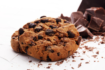 Chocolate cookies on white background. Chocolate chip cookies shot