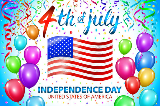 Illustration of Independence Day Vector Poster. 4th of July Lettering. American Red Flag on Blue Background with Stars and Confetti. colorfull ballon