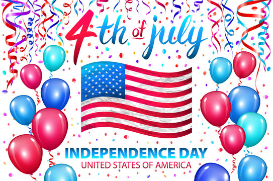 Illustration of Independence Day Vector Poster. 4th of July Lettering. American Red Flag on Blue Background with Stars and Confetti. colorfull ballon