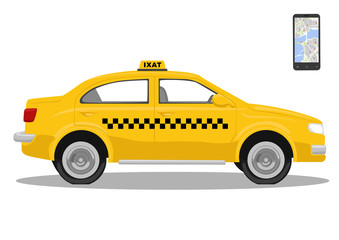 Yellow taxi car and smarthone. App for taxi. Application for calling taxi. Isolated over white background