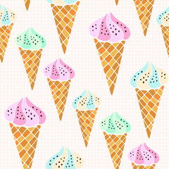 Vector ice creams cones pattern. Seamless print for textile and stationery design. Wrapping and packaging paper